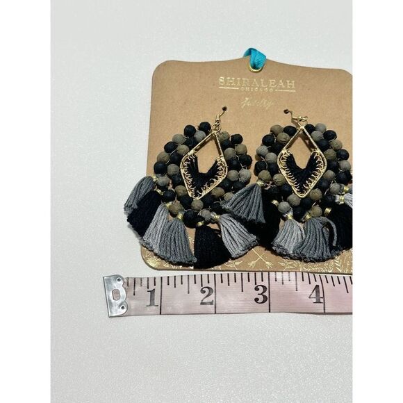 Shiraleah Statement Fringe Tassel Beaded Earrings Dangle Drop‎ Black Gray Gold - Picture 7 of 8